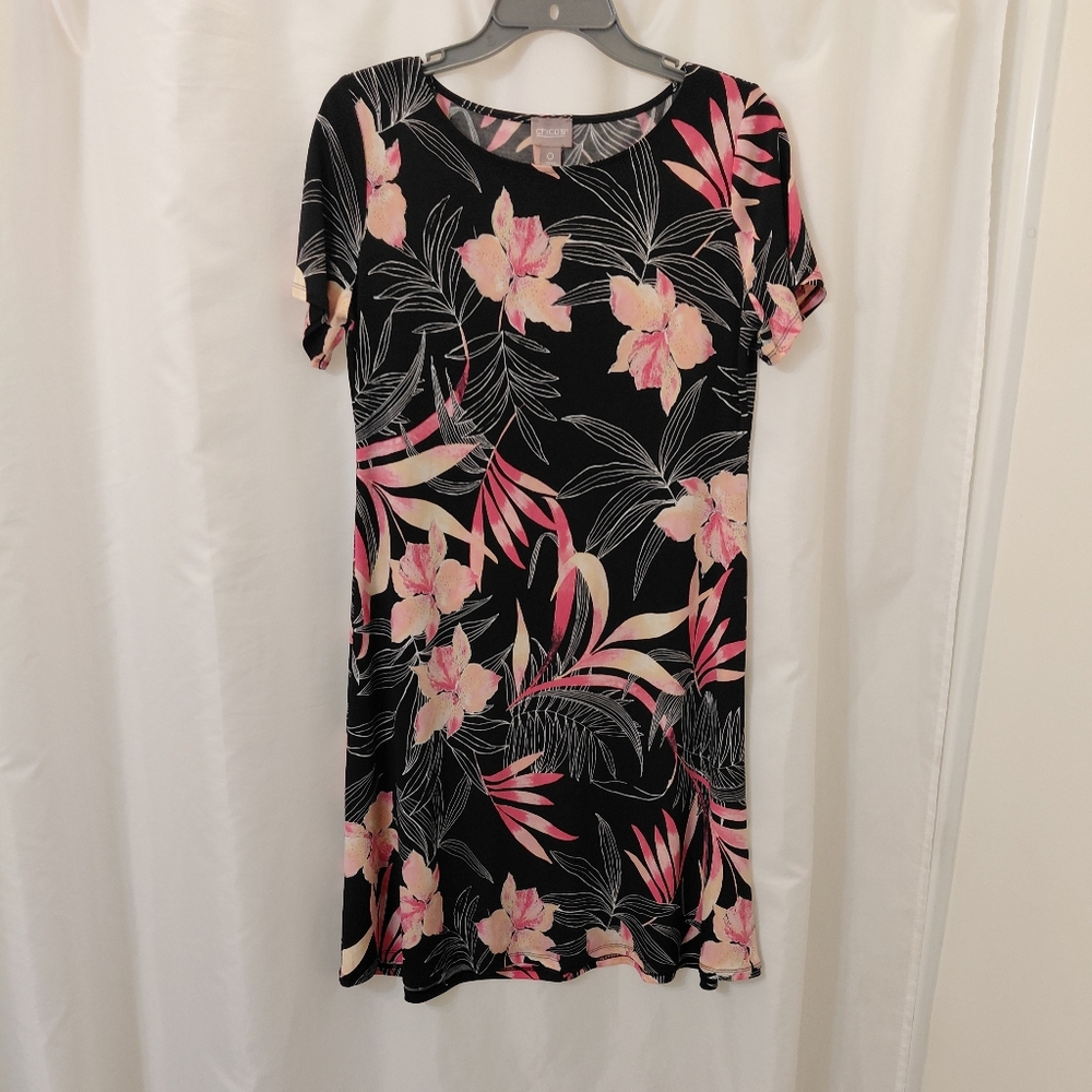 EUC Chico's Sz 0 Fits S/M Very Stretchy See Photos Black Floral Midi Shift Dress